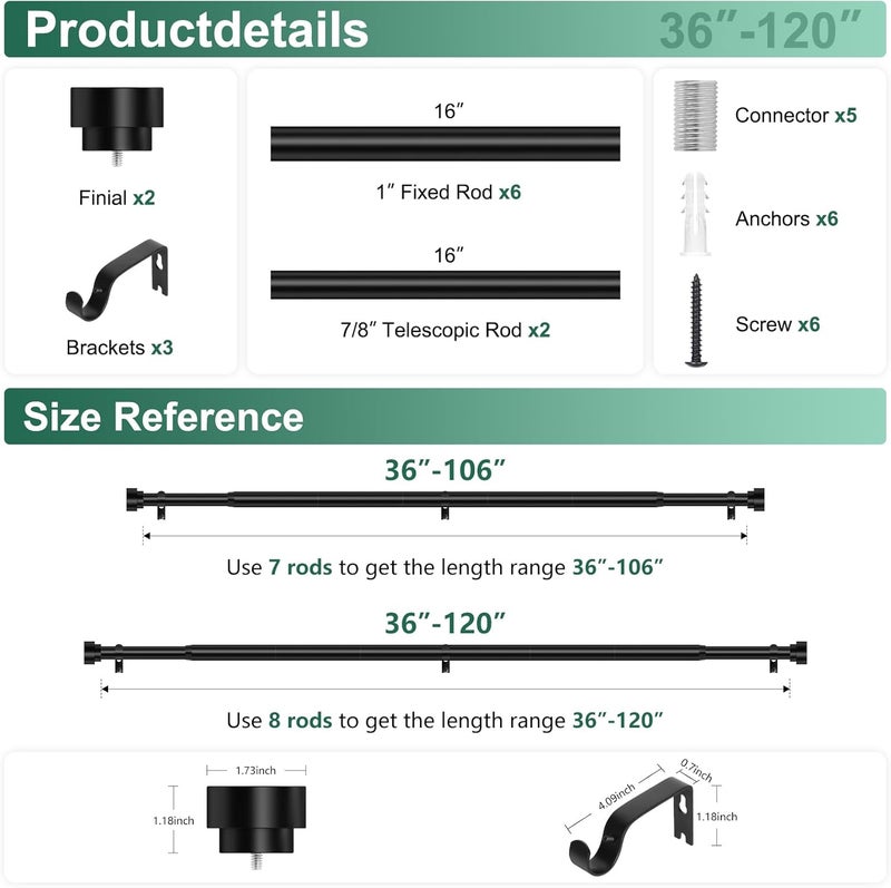 hei! dear Black Curtain Rods for Windows 66 to 120Inch(5.5-10ft),1 Inch Diameter Heavy Duty Curtain Rods,Adjustable Modern Decorative Drapery Rod,Telescoping Window Curtains Rod 36-120",Matte Black - Image 5